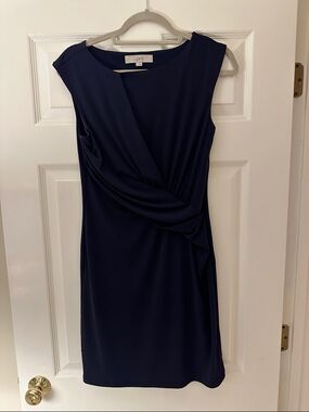 LOFT Navy Draped Midi Sheath Dress